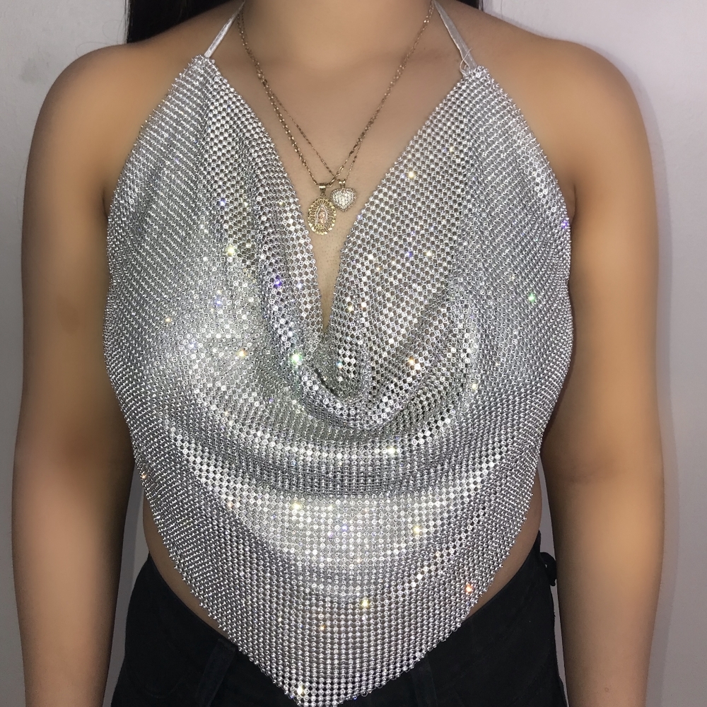 Rhinestone silver backless halter top